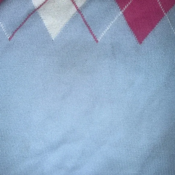 Y2K preppy soft girl Sky Blue V-Neck Sweater with Pink & White Argyle - Picture 5 of 7